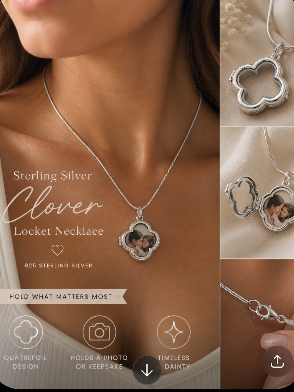Sterling Silver Clover Locket Necklace - Silver